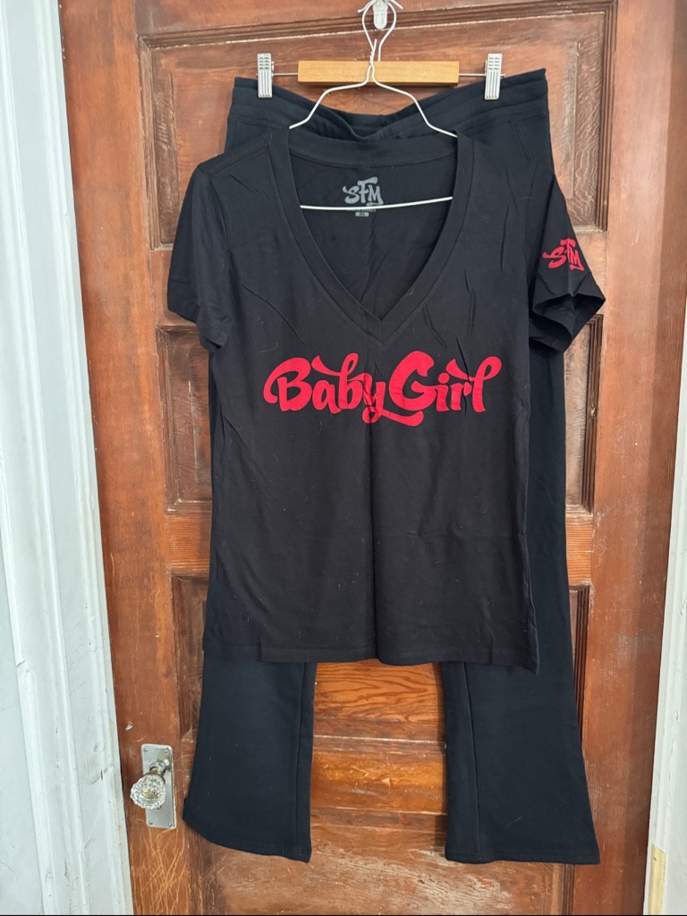 BabyGirl Black V-Neck Tee with Red Script and matching pants- size XL
